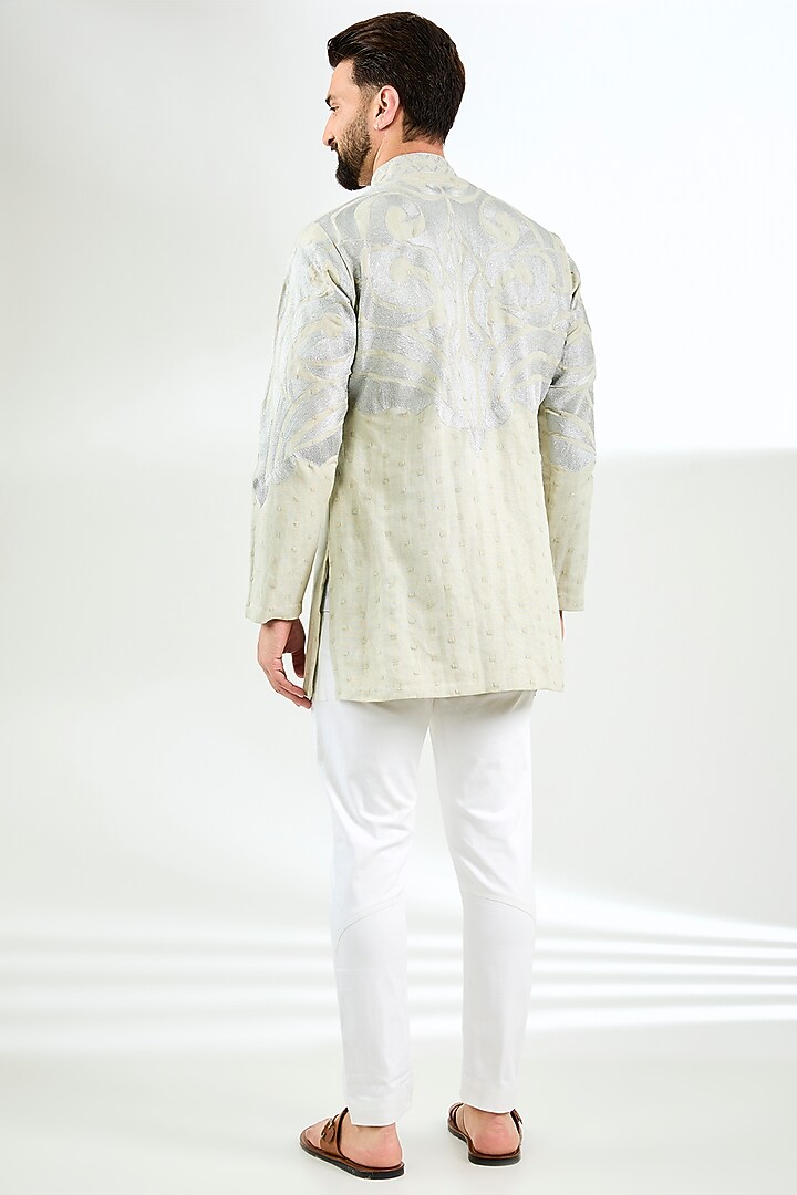 Grey Linen Thread & Aari Embroidered Short Kurta by Arun Verma at Pernia's Pop Up Shop