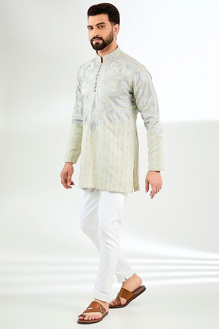 Grey Linen Thread & Aari Embroidered Short Kurta by Arun Verma at Pernia's Pop Up Shop