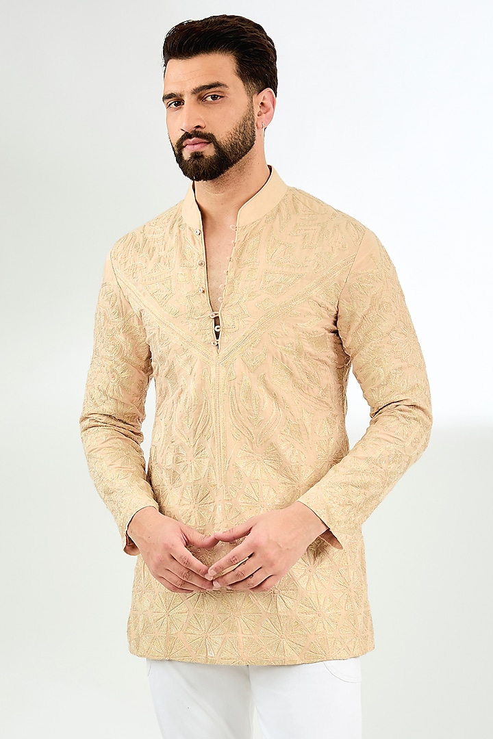 Rose Pink Chanderi Silk Embroidered Kurta by Arun Verma