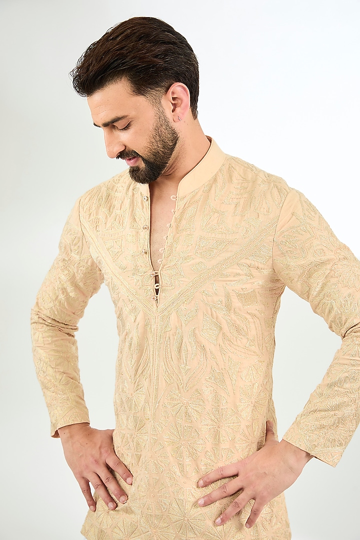 Rose Pink Chanderi Silk Embroidered Kurta by Arun Verma at Pernia's Pop Up Shop