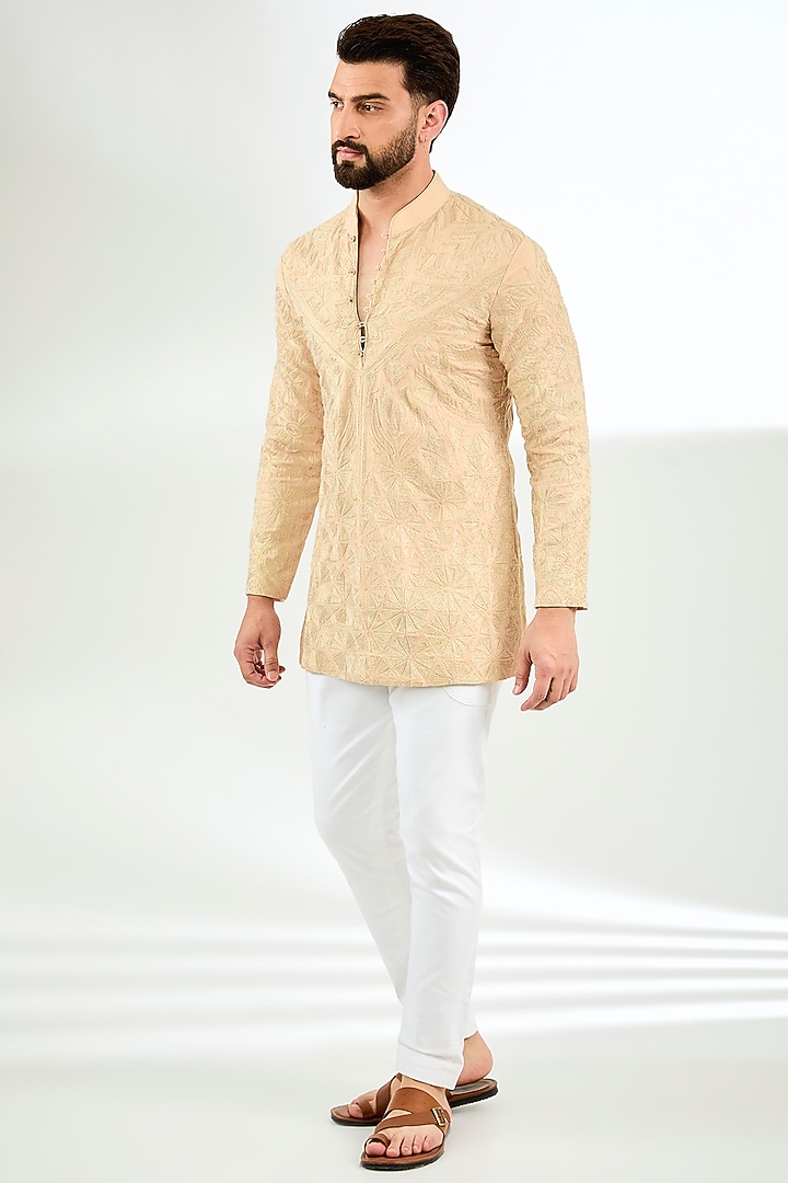 Rose Pink Chanderi Silk Embroidered Kurta by Arun Verma at Pernia's Pop Up Shop