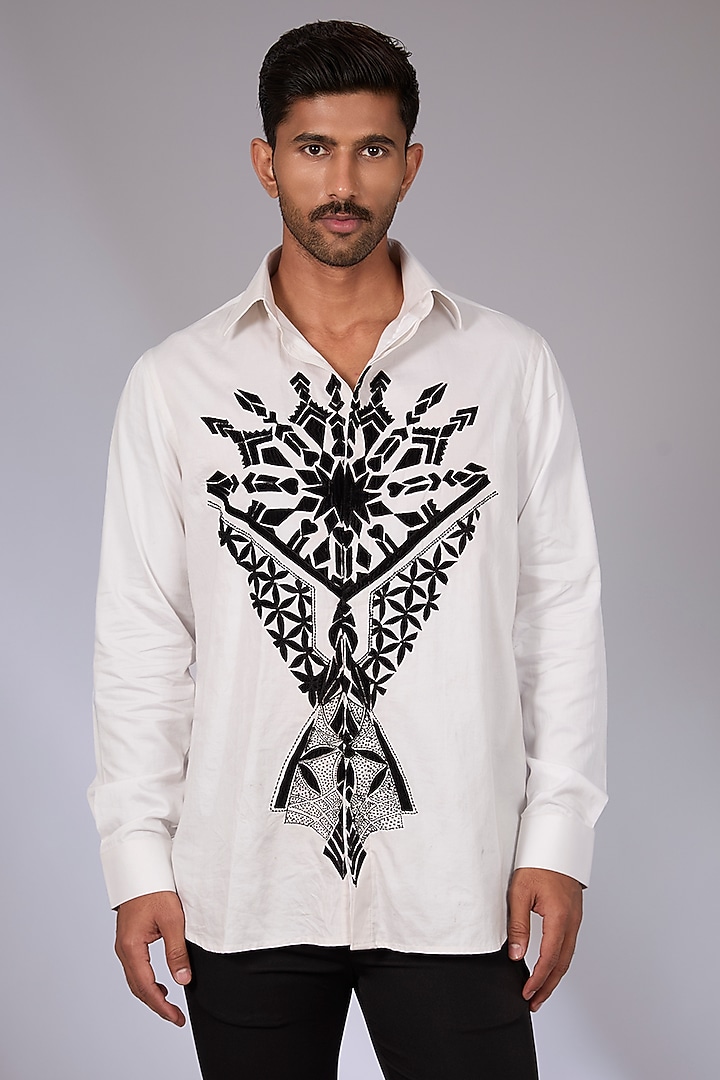 White Cotton Satin Applique Embroidered Party Wear Shirt by Arun Verma at Pernia's Pop Up Shop