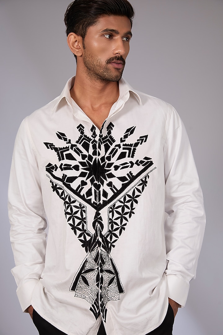 White Cotton Satin Applique Embroidered Party Wear Shirt by Arun Verma at Pernia's Pop Up Shop