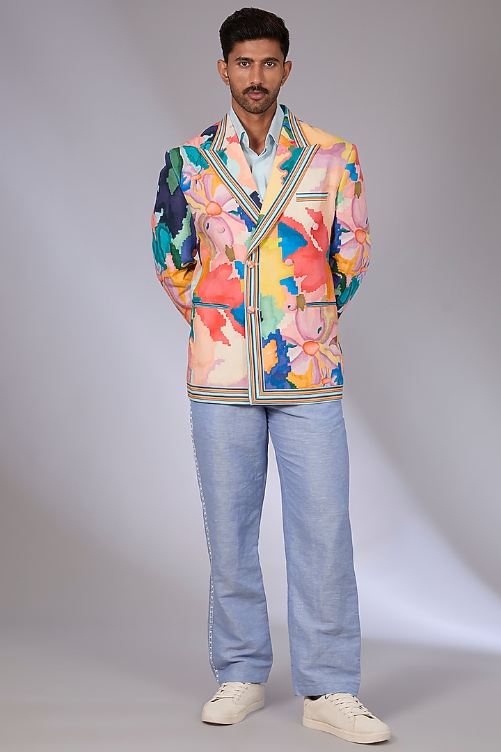 Multi-Colored Linen Digital Printed Jacket by Arun Verma at Pernia's Pop Up Shop