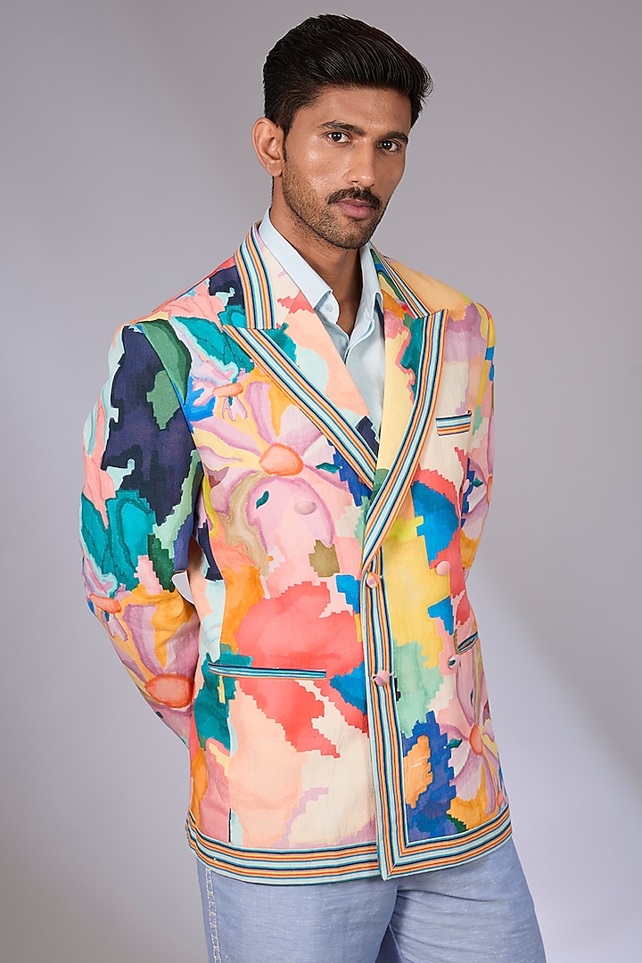 Multi-Colored Linen Digital Printed Jacket by Arun Verma