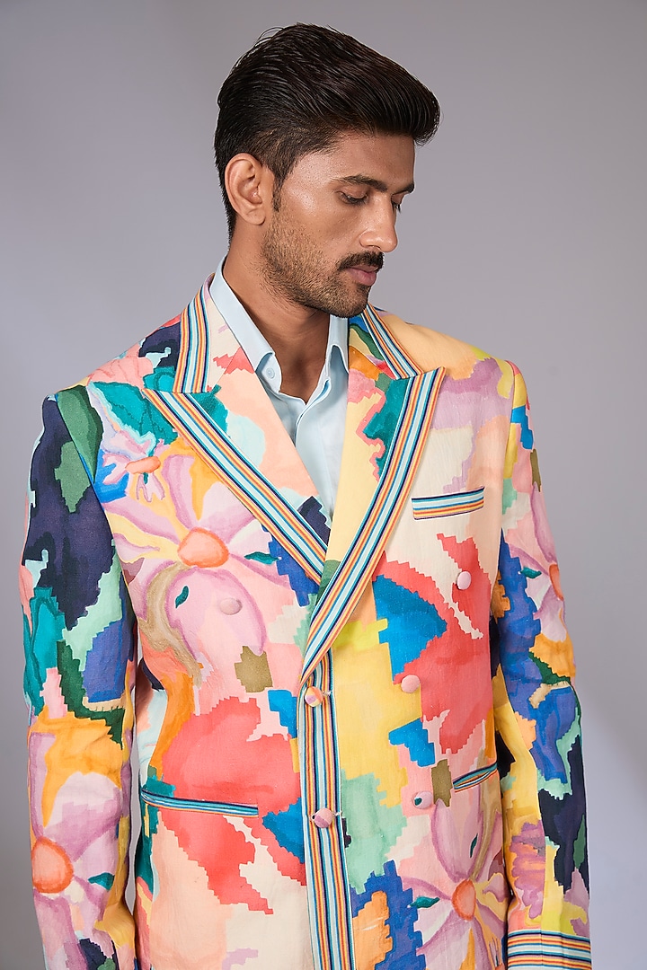 Multi-Colored Linen Digital Printed Jacket by Arun Verma at Pernia's Pop Up Shop