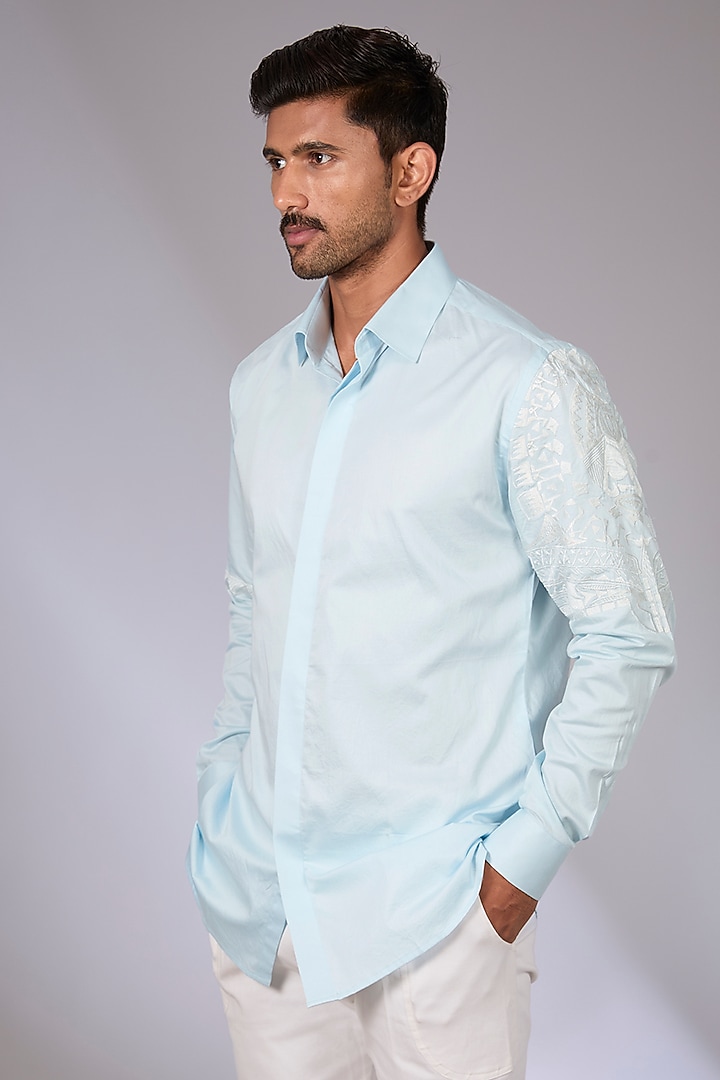 Pale Blue Cotton Satin Embroidered Party Wear Shirt by Arun Verma at Pernia's Pop Up Shop