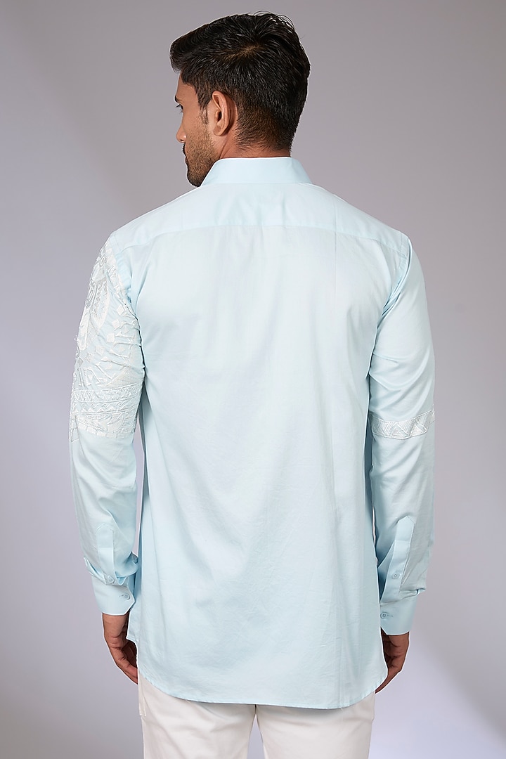 Pale Blue Cotton Satin Embroidered Party Wear Shirt by Arun Verma at Pernia's Pop Up Shop
