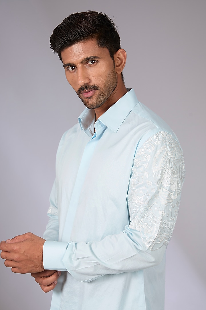 Pale Blue Cotton Satin Embroidered Party Wear Shirt by Arun Verma at Pernia's Pop Up Shop