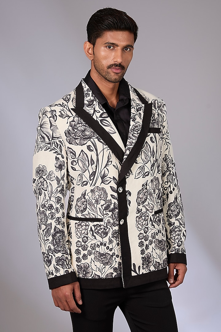 Black & White Linen Digital Printed Jacket by Arun Verma