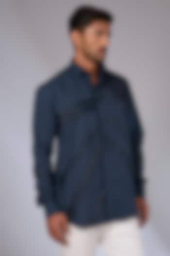 Navy Blue Cotton Satin Applique Work Shirt by Arun Verma