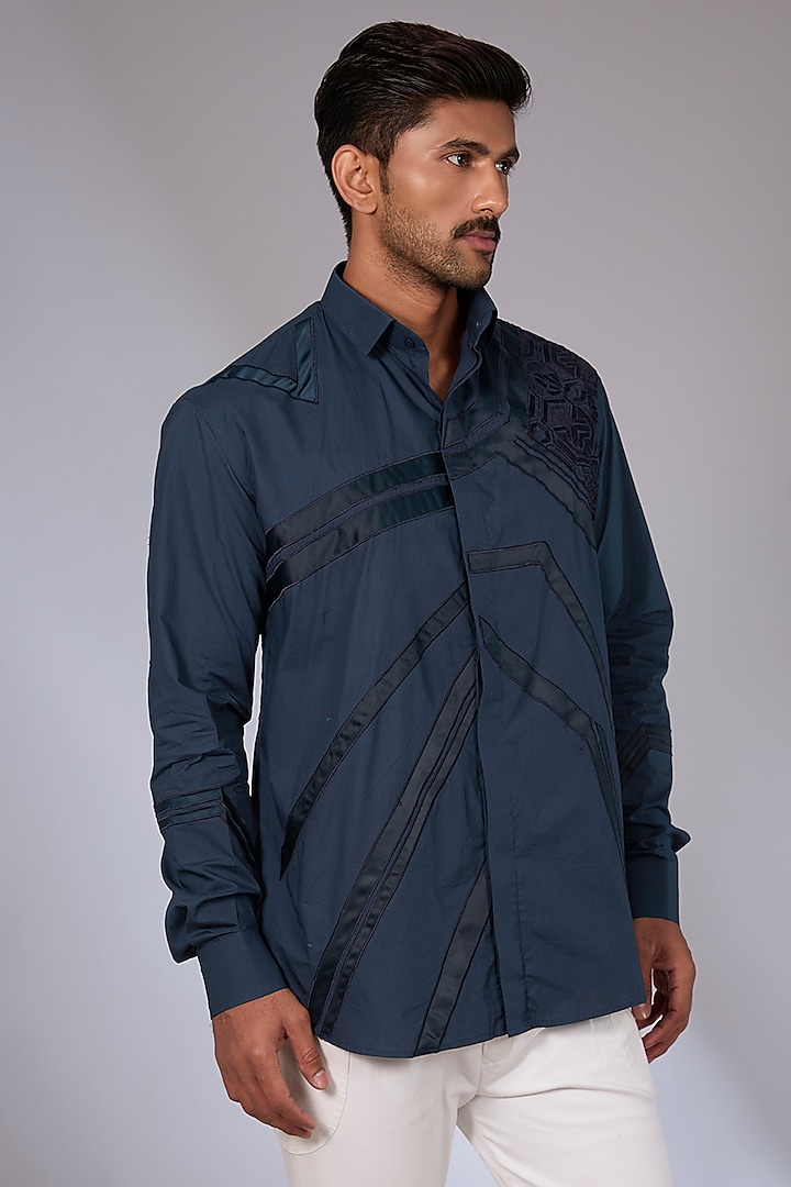 Navy Blue Cotton Satin Applique Work Shirt by Arun Verma