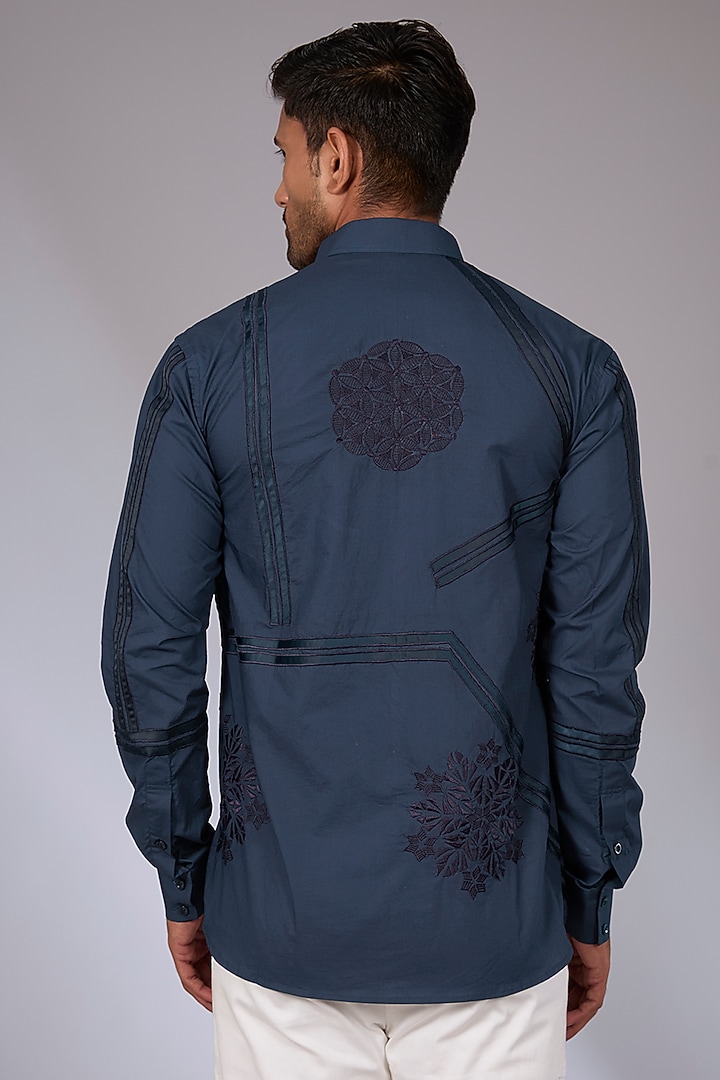 Navy Blue Cotton Satin Applique Work Wedding Shirt by Arun Verma at Pernia's Pop Up Shop