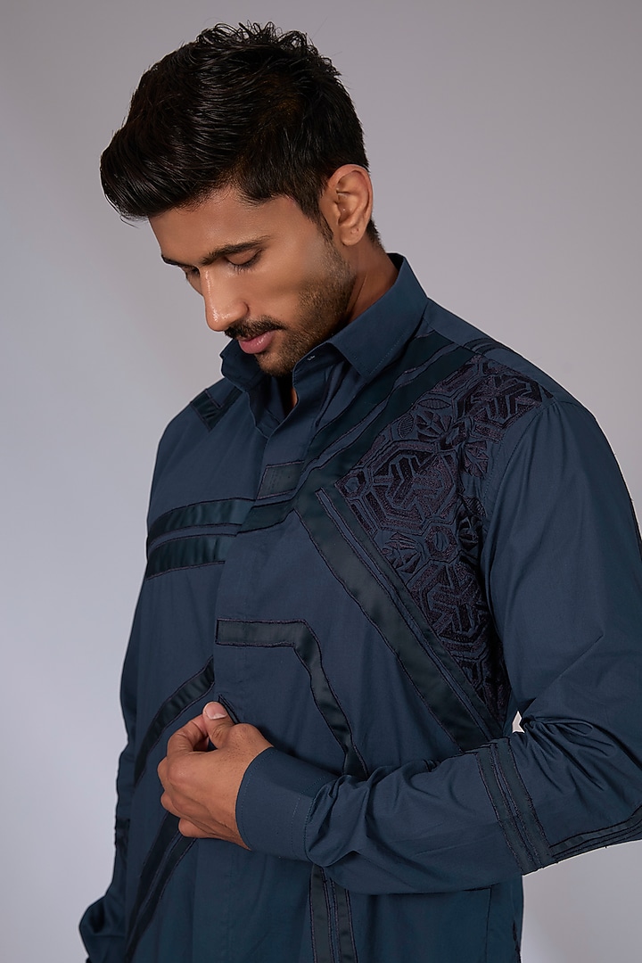 Navy Blue Cotton Satin Applique Work Wedding Shirt by Arun Verma at Pernia's Pop Up Shop