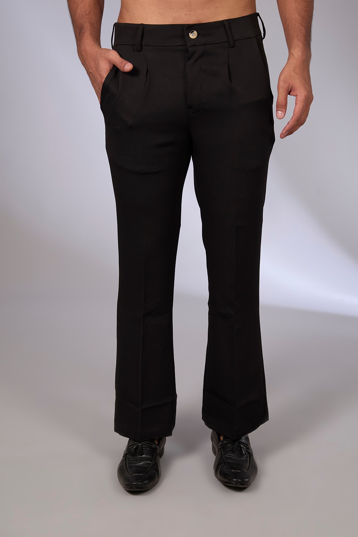 Black Japanese Fabric Bell-Bottom Pants by Arun Verma at Pernia's