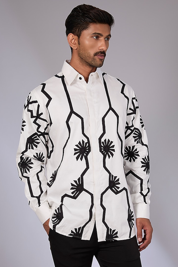 White Cotton Applique Embroidered Shirt by Arun Verma