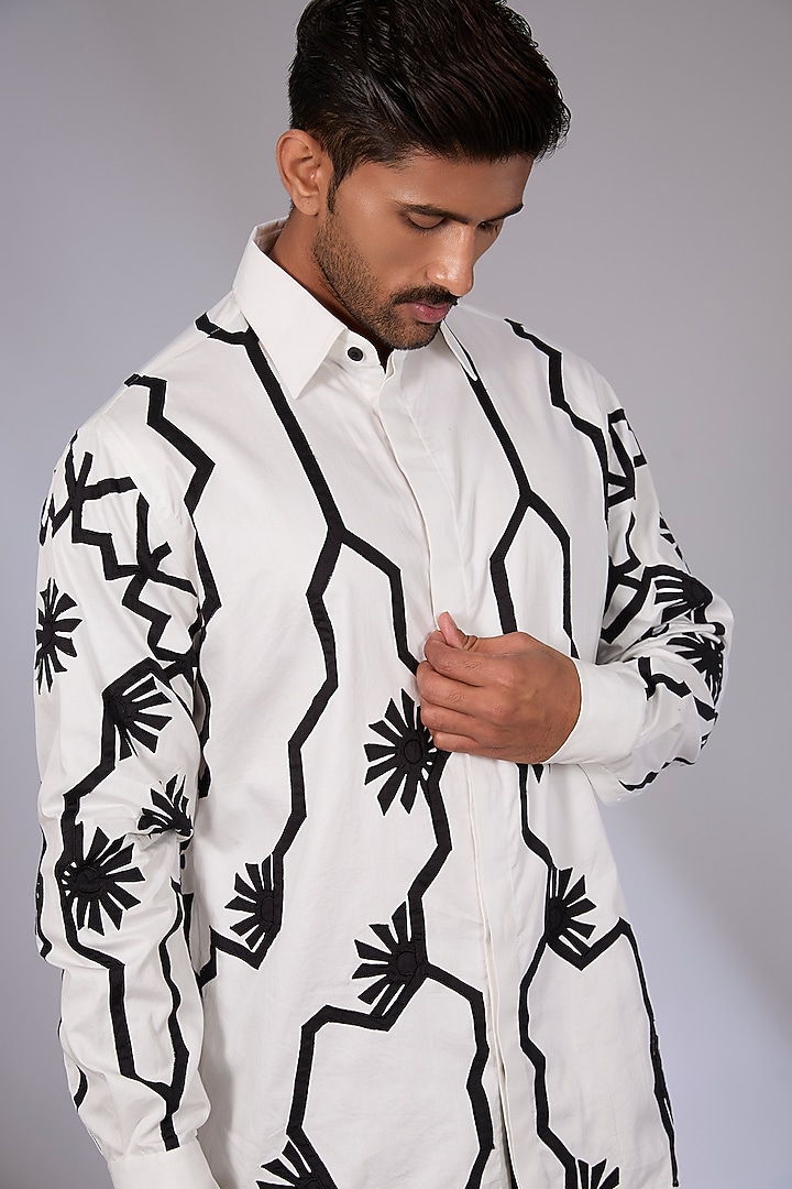 White Cotton Applique Embroidered Wedding Shirt by Arun Verma at Pernia's Pop Up Shop