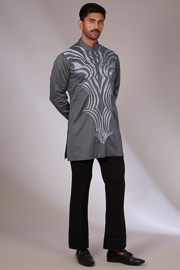 Grey Cotton Satin Aari Embroidered Short Kurta by Arun Verma at Pernia's Pop Up Shop