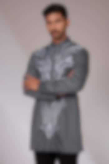 Grey Cotton Satin Aari Embroidered Short Kurta by Arun Verma