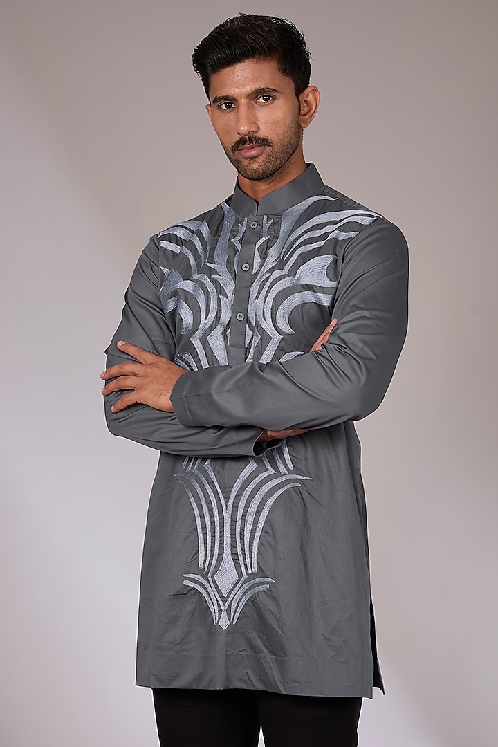 Grey Cotton Satin Aari Embroidered Short Kurta by Arun Verma