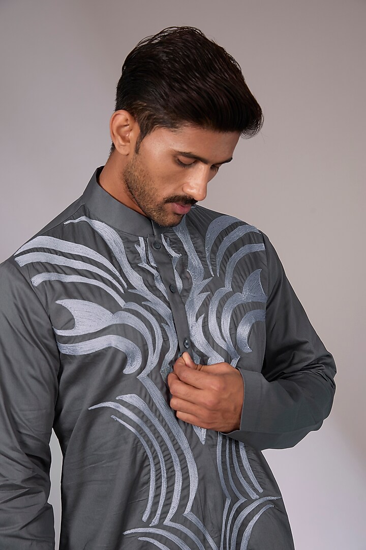 Grey Cotton Satin Aari Embroidered Short Kurta by Arun Verma at Pernia's Pop Up Shop