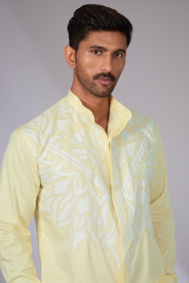 Yellow Cotton Applique Embroidered Wedding Shirt by Arun Verma at Pernia's Pop Up Shop