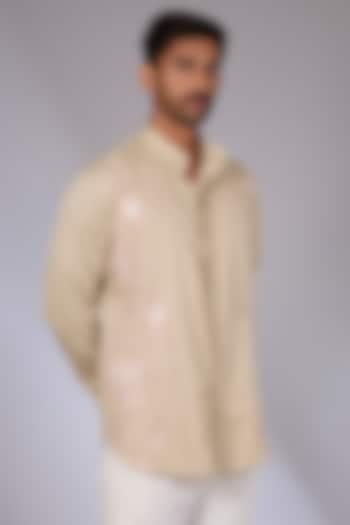 Beige Cotton Satin Resham Embroidered Shirt by Arun Verma