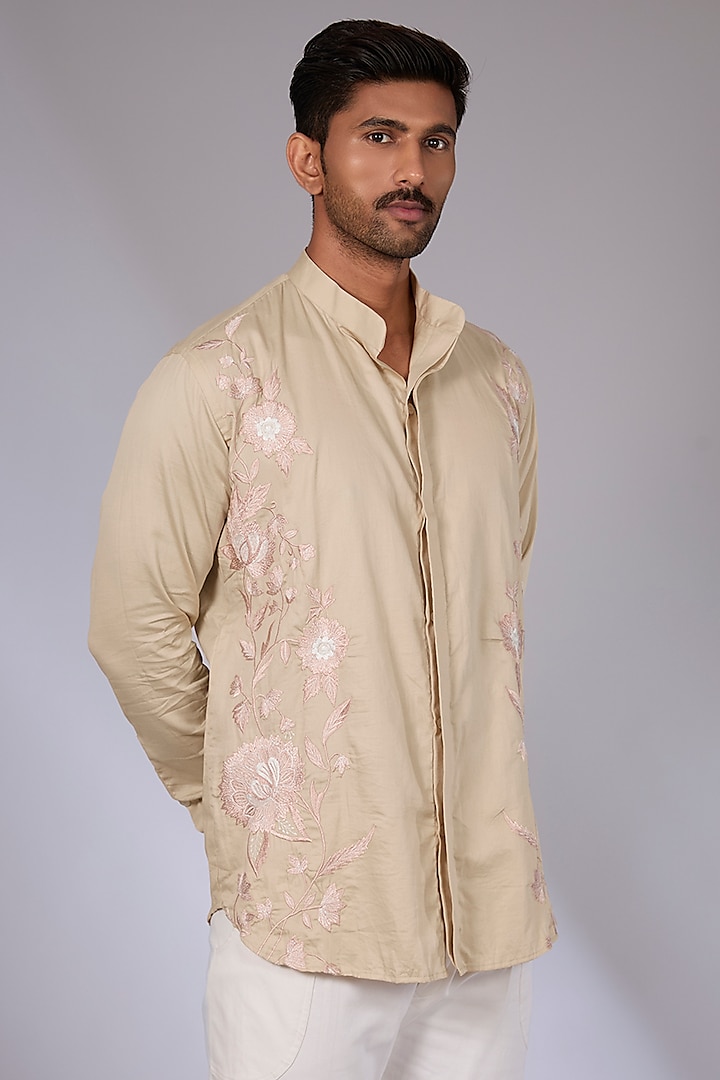 Beige Cotton Satin Resham Embroidered Shirt by Arun Verma