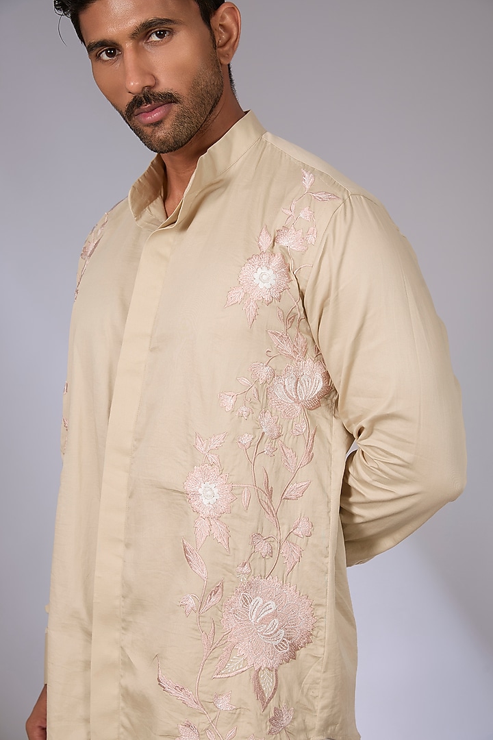 Beige Cotton Satin Resham Embroidered Wedding Shirt by Arun Verma at Pernia's Pop Up Shop