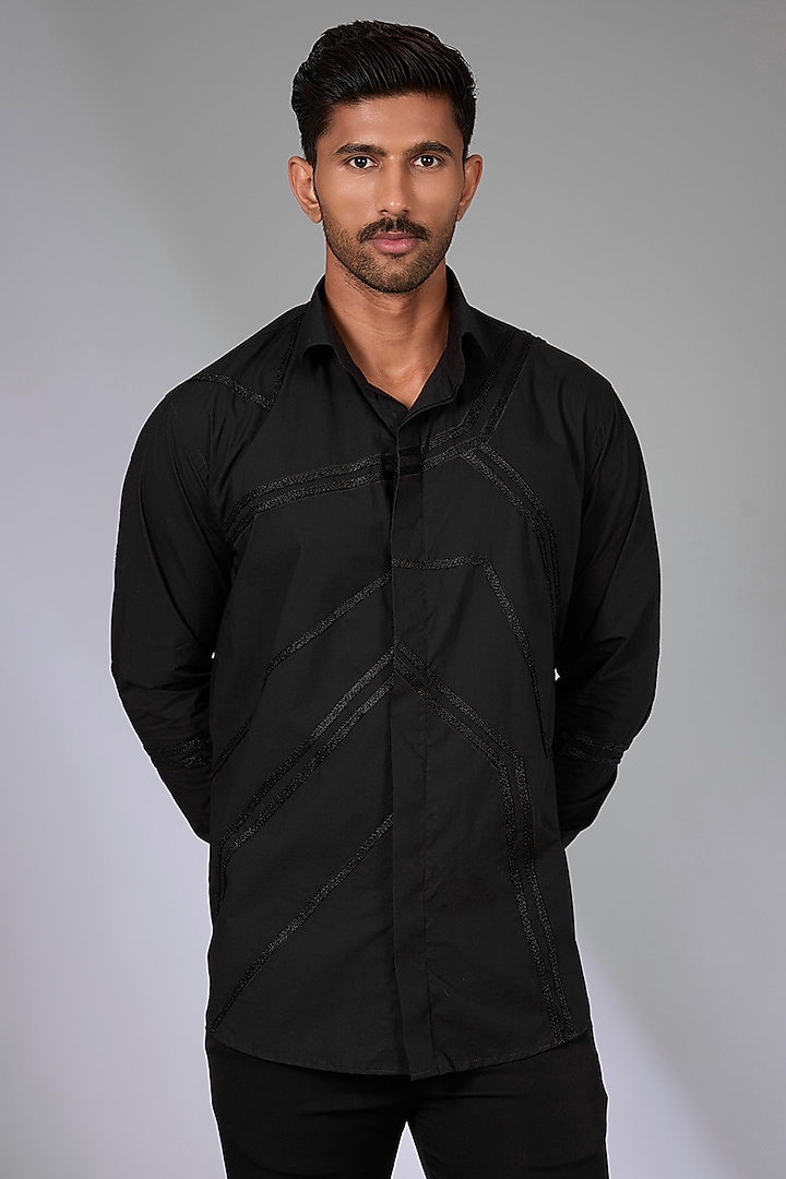 Black Cotton Geometric Work Shirt by Arun Verma