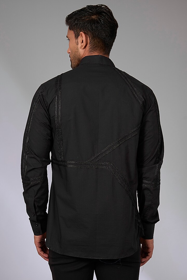 Black Cotton Geometric Work Party Wear Shirt by Arun Verma at Pernia's Pop Up Shop