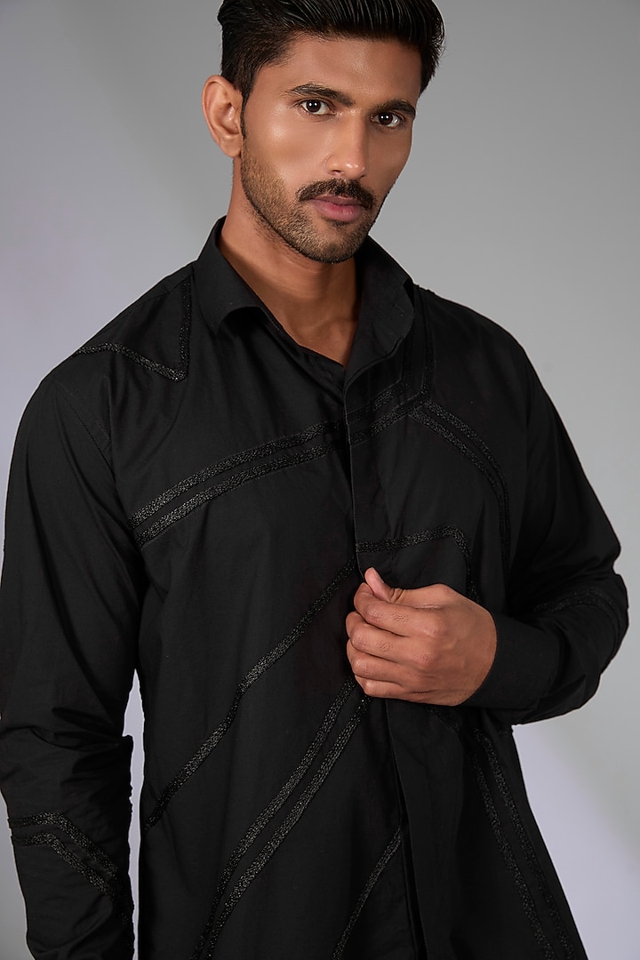 Black Cotton Geometric Work Party Wear Shirt by Arun Verma at Pernia's Pop Up Shop