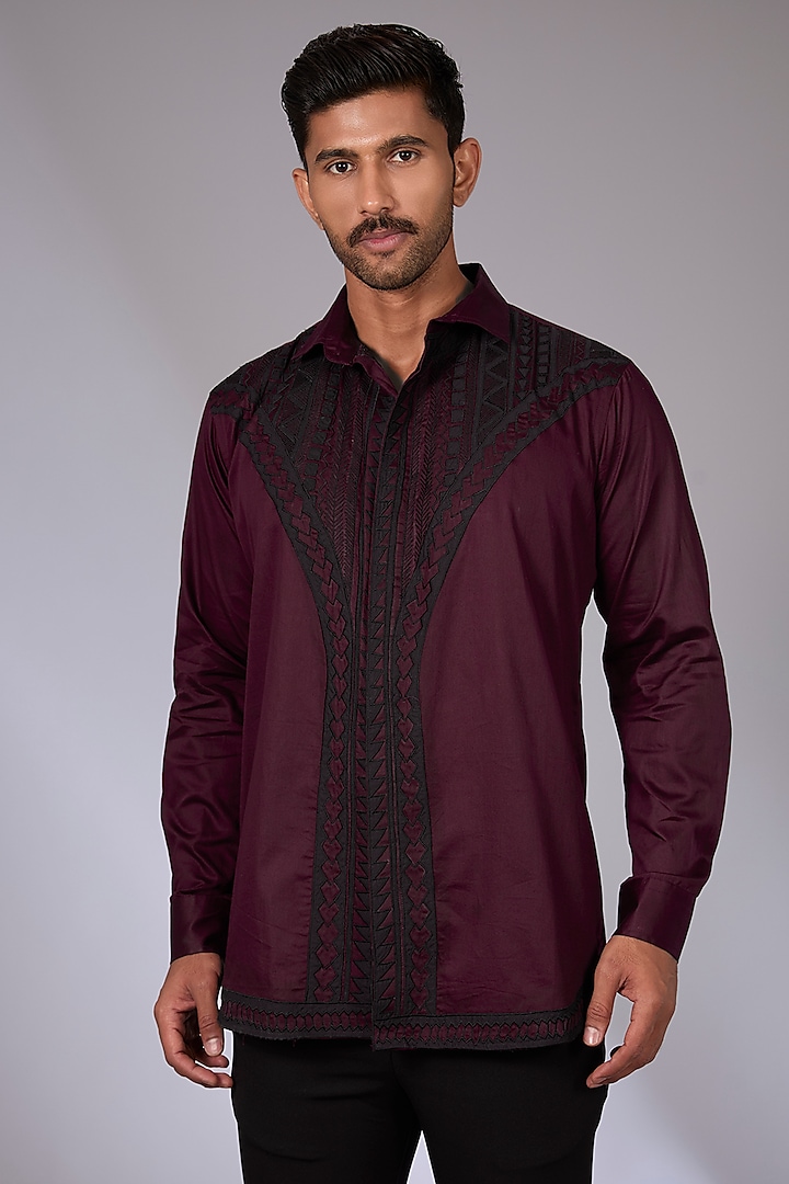 Wine Cotton Applique Embroidered Shirt by Arun Verma