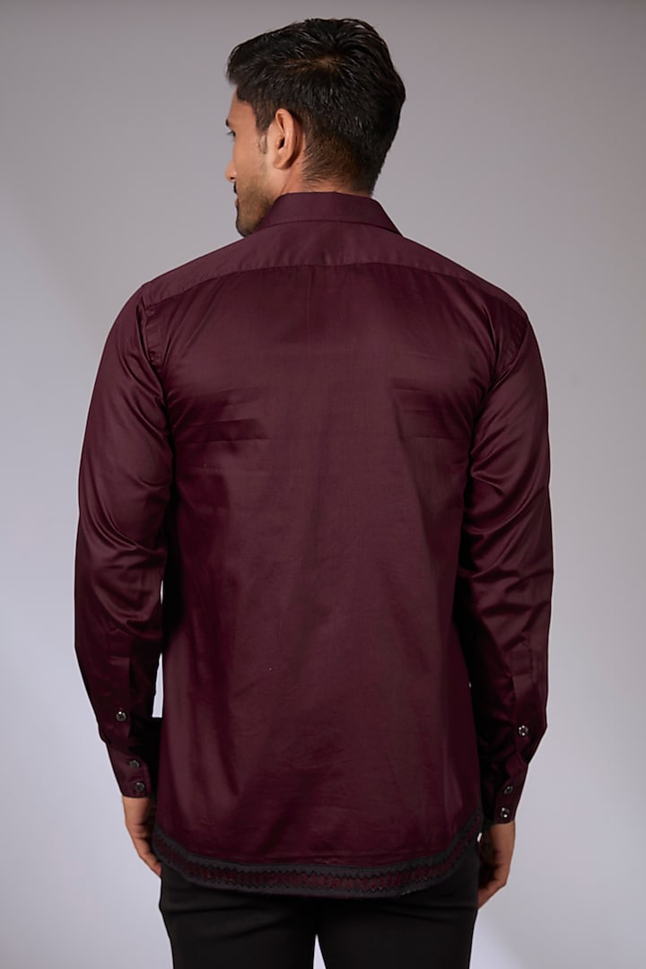Wine Cotton Applique Embroidered Party Wear Shirt by Arun Verma at Pernia's Pop Up Shop