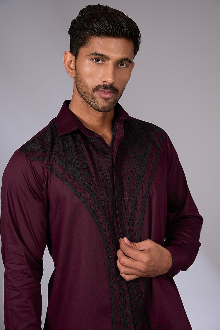 Wine Cotton Applique Embroidered Party Wear Shirt by Arun Verma at Pernia's Pop Up Shop