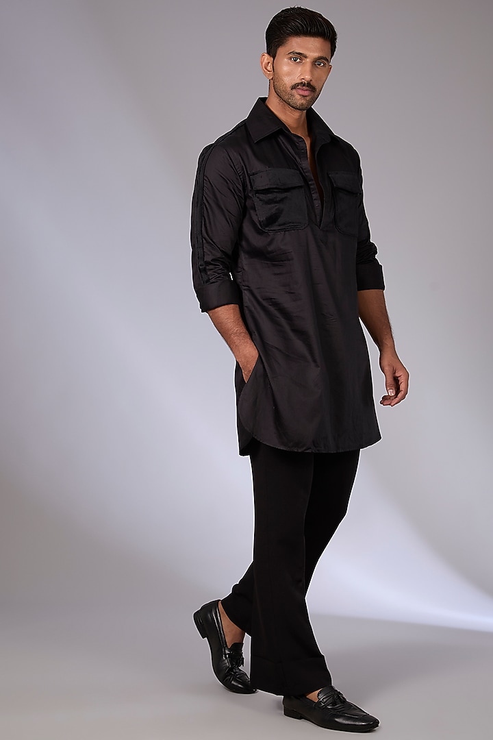 Black Satin Pathani Short Kurta by Arun Verma at Pernia's Pop Up Shop