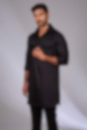 Black Satin Pathani Short Kurta by Arun Verma