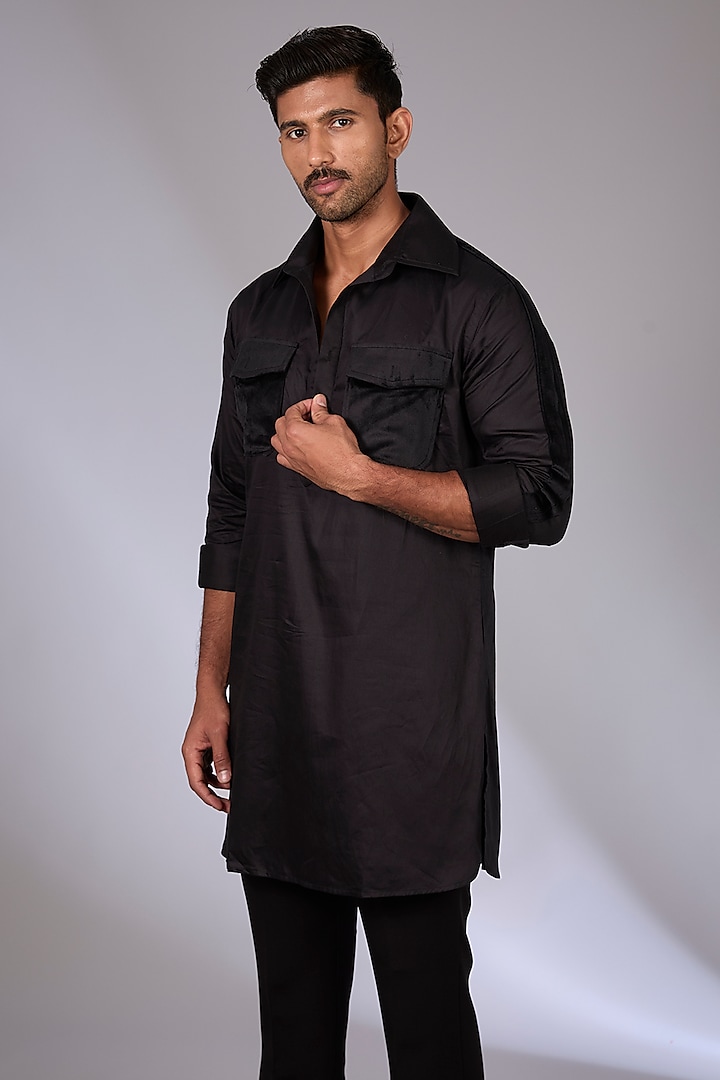 Black Satin Pathani Short Kurta by Arun Verma