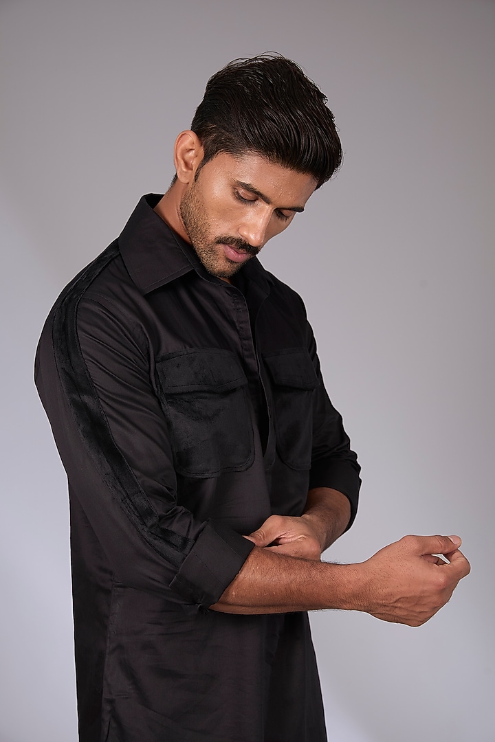 Black Satin Pathani Short Kurta by Arun Verma at Pernia's Pop Up Shop