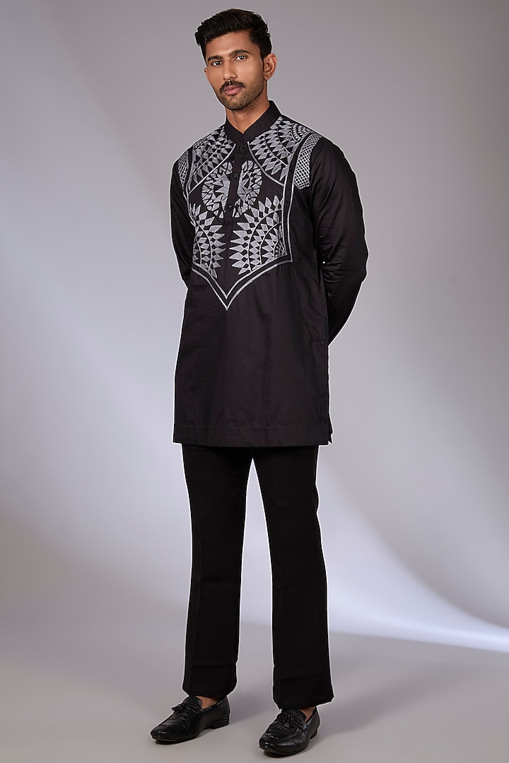 Black Cotton Satin Aari Embroidered Short Kurta by Arun Verma at Pernia's Pop Up Shop