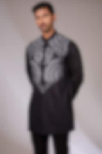Black Cotton Satin Aari Embroidered Short Kurta by Arun Verma