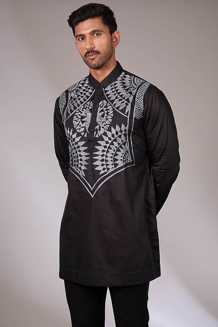 Black Cotton Satin Aari Embroidered Short Kurta by Arun Verma