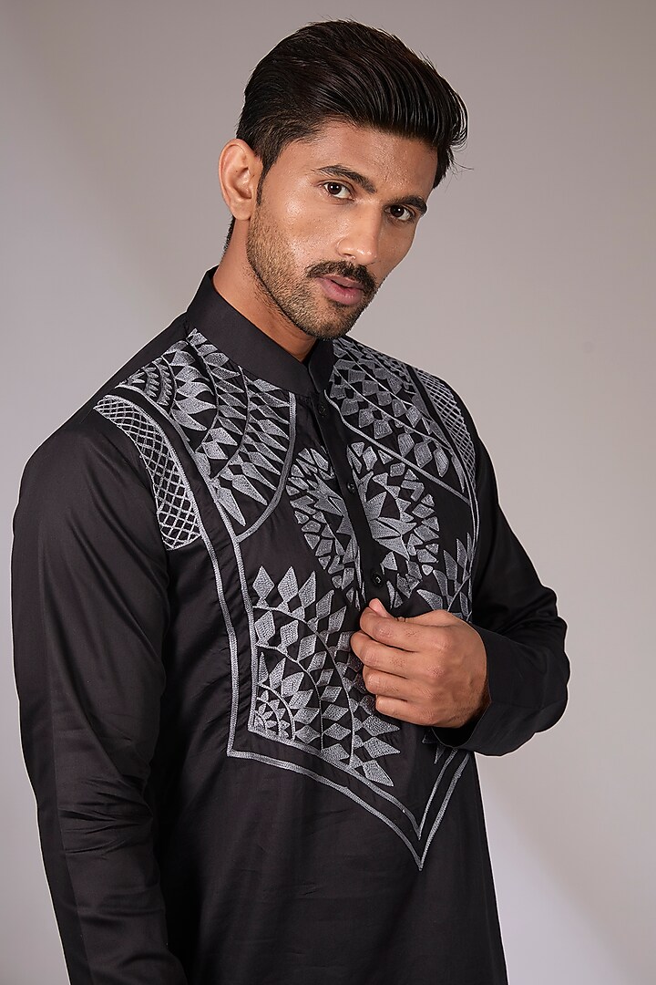 Black Cotton Satin Aari Embroidered Short Kurta by Arun Verma at Pernia's Pop Up Shop