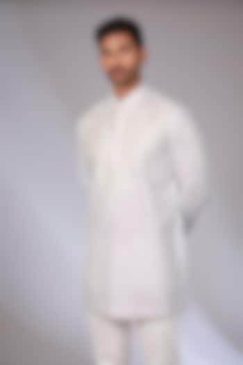 White Cotton Satin Aari Embroidered Short Kurta by Arun Verma