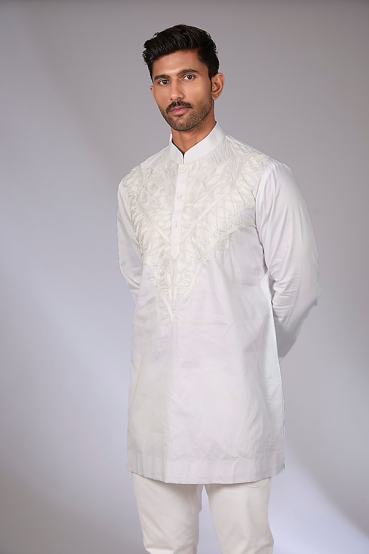 White Cotton Satin Aari Embroidered Short Kurta by Arun Verma