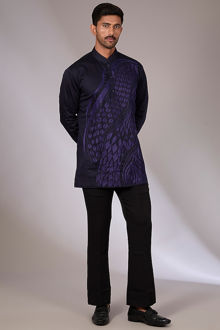Blue Cotton Satin Aari Embroidered Short Kurta by Arun Verma at Pernia's Pop Up Shop