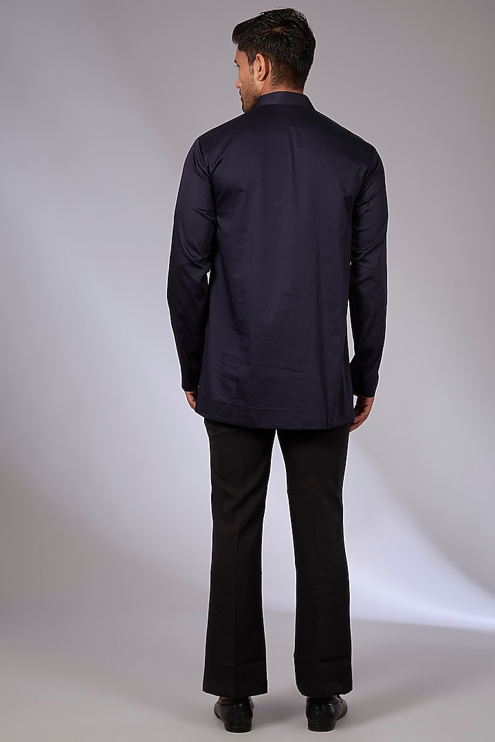 Blue Cotton Satin Aari Embroidered Short Kurta by Arun Verma at Pernia's Pop Up Shop