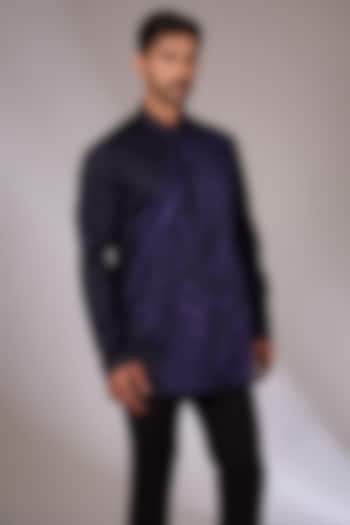 Blue Cotton Satin Aari Embroidered Short Kurta by Arun Verma