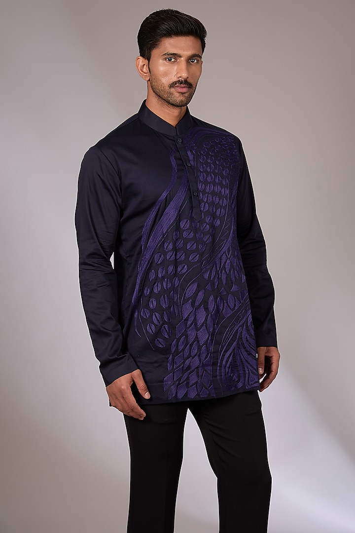 Blue Cotton Satin Aari Embroidered Short Kurta by Arun Verma