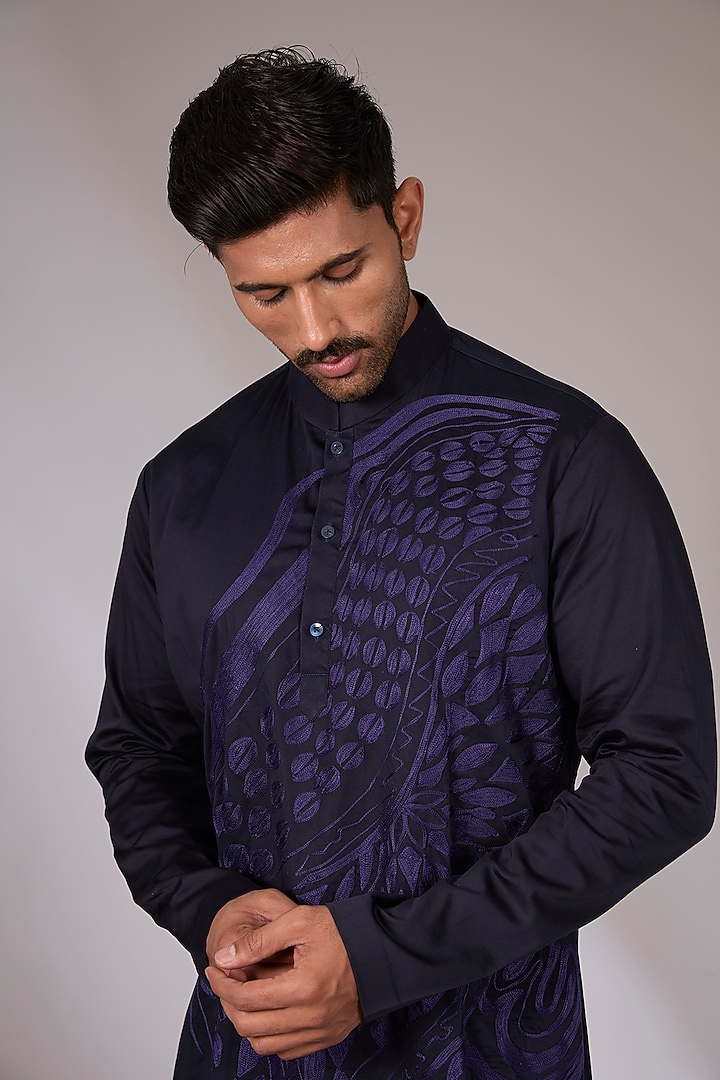 Blue Cotton Satin Aari Embroidered Short Kurta by Arun Verma at Pernia's Pop Up Shop